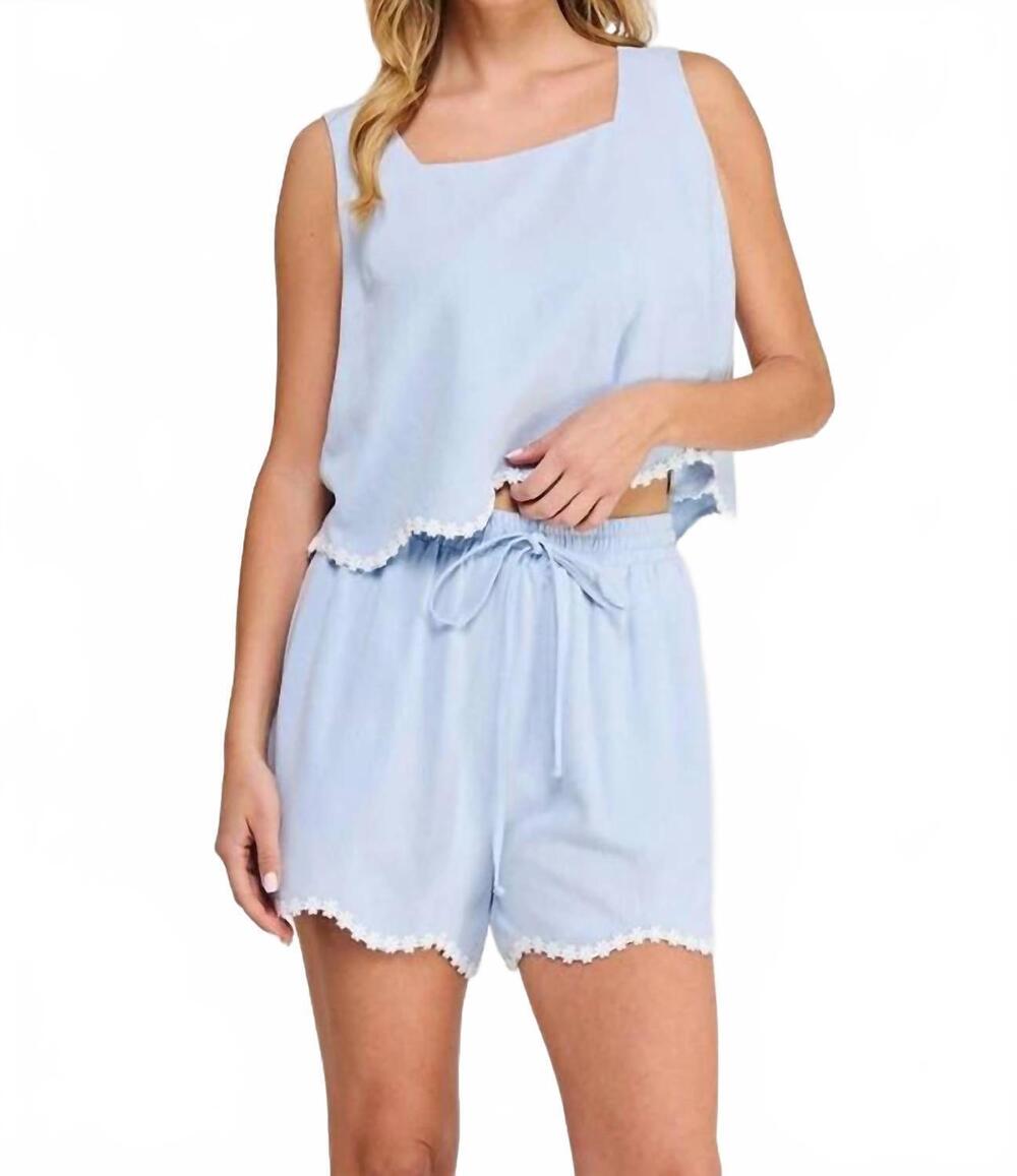 NEW ALLIE ROSE women's wavy crochet trim top in blue